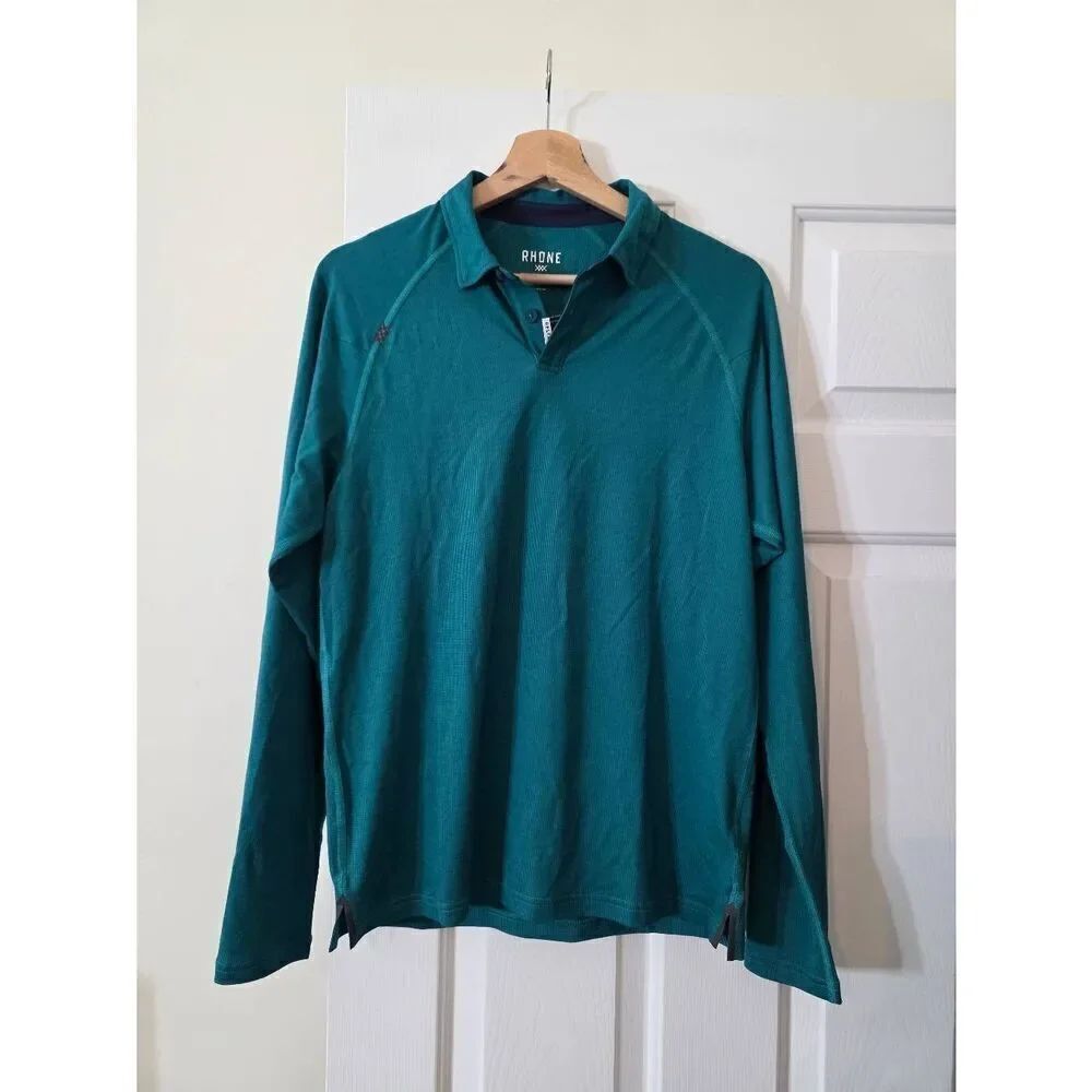 RHONE Delta Pique Long Sleeve Polo Shirt Men Deep Teal S Soft Stretch Comfort NW